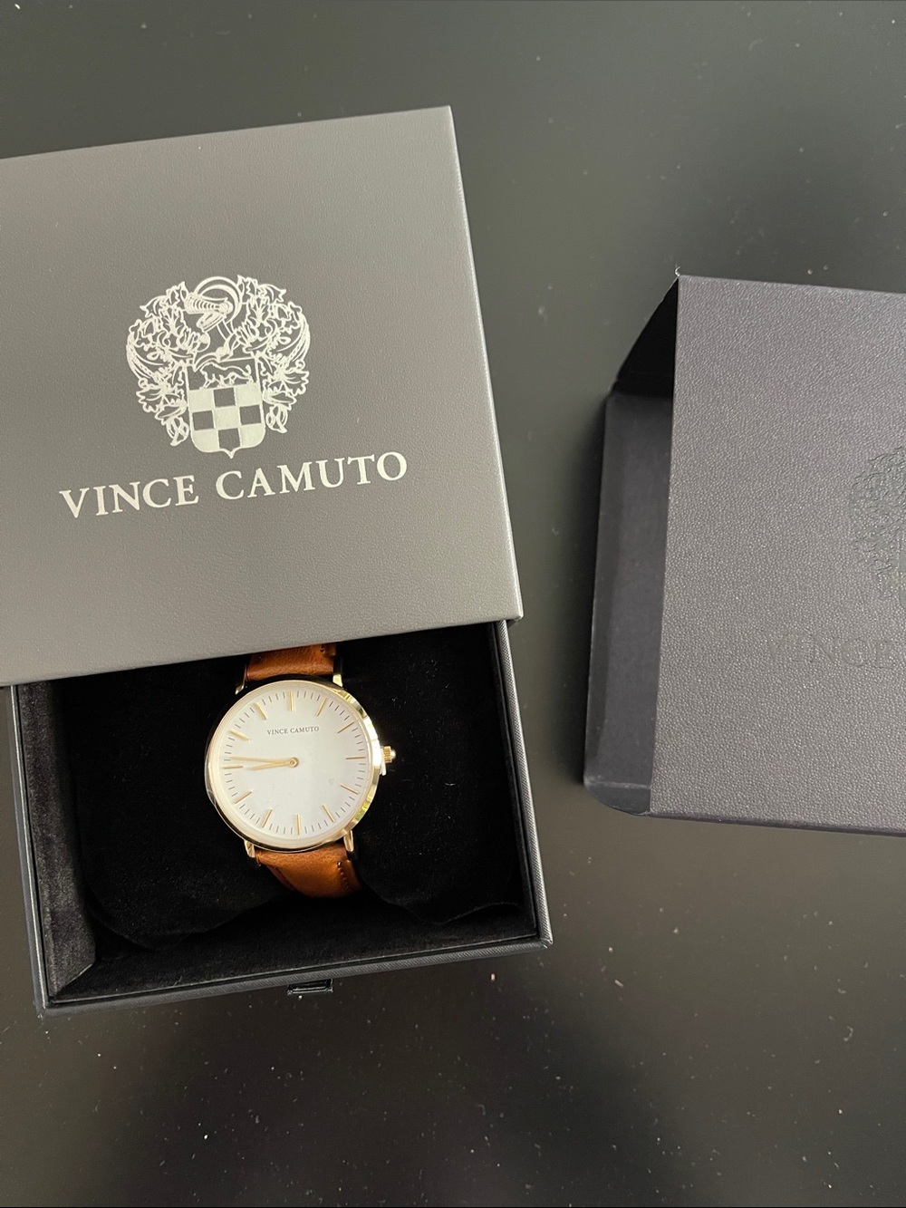 Vince Camuto Gold-Tone Case Watch with Brown Leather Strap